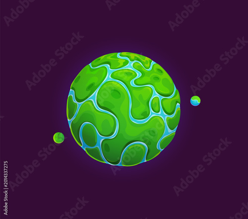 Foto Cartoon green alien space planet with seas, continents and orbiting satellites