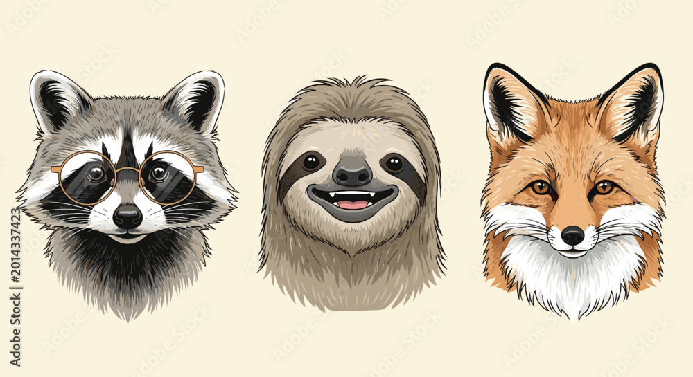 Fototapeta premium Collection of expressive animal head portraits featuring a curious raccoon with glasses, a smiling sloth, and a red fox.