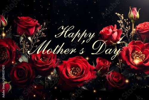 Elegant Mother’s Day design featuring beautiful red flowers on a black background with luxurious golden “Happy Mother’s Day” text, perfect for greeting cards, social media, and festive celebration art