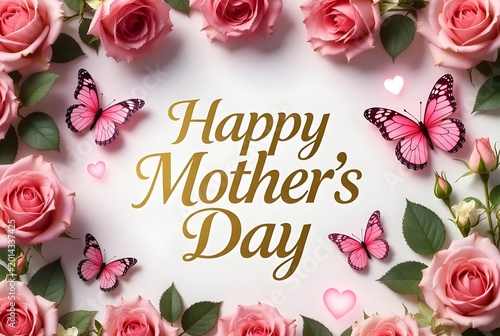 Elegant Mother’s Day greeting card featuring golden typography surrounded by pink roses, butterflies, and soft pastel floral decorations on a clean background.