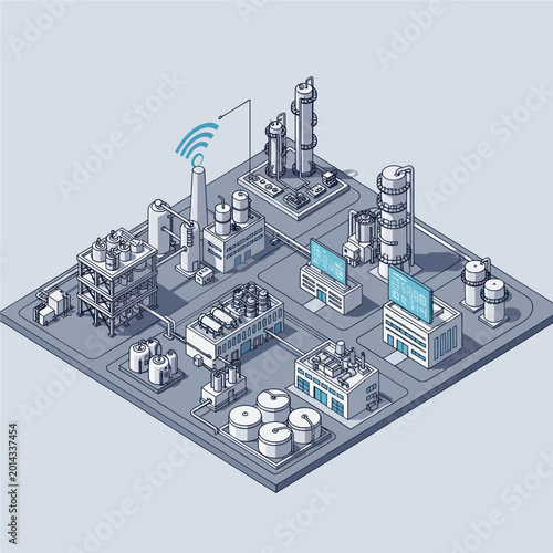 Isometric illustration of a modern industrial plant with wireless communication and data monitoring.