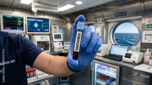 Hantavirus blood sample held by scientist in maritime medical bay, clinical laboratory on research vessel, infectious disease testing at sea