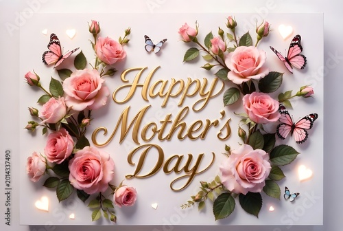 Elegant Mother’s Day greeting card featuring golden typography surrounded by pink roses, butterflies, and soft pastel floral decorations on a clean background.