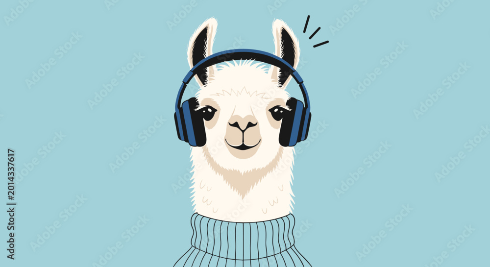 Fototapeta premium Stylish minimalist llama portrait wearing blue headphones on a plain light blue background for modern wall decor.