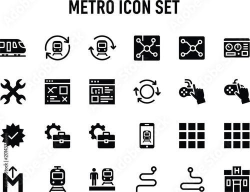 Collection of solid black subway and public transportation glyph icons for urban transit system navigation