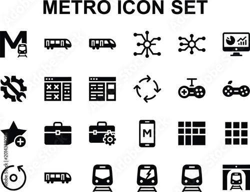 Collection of black metro transportation and interface glyph icons for urban navigation and system management