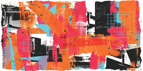 Tableau sur toile Abstract collage art with bold geometric shapes and vibrant red orange and blue