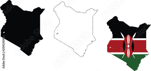 Kenya map set silhouette outline and flag representation