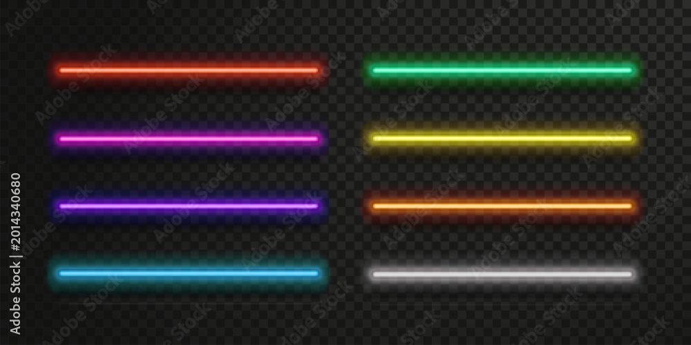Naklejka premium Neon light tubes and LED strips in vibrant rainbow colors. Fluorescent bar elements with glowing beams on transparent background. Vector lamp collection with neon accents for casino or club design.