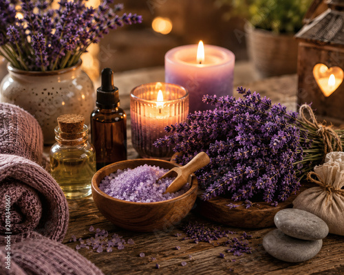 Relaxing lavender spa aromatherapy set with candles and bath salt