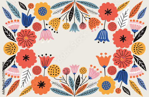 Floral frame with hand drawn folk art style flowers and leaves on beige background