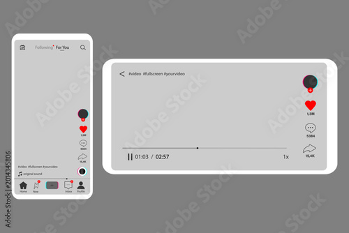 Tik tok mobile App interface template. Mockup social media template. Mobile app interface template on social network.  Full video. Vertical and horizontal view for full screen video
