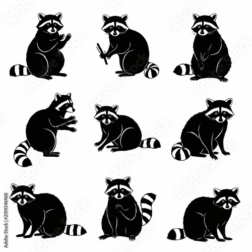 Adorable raccoon silhouette designs isolated on minimal white background