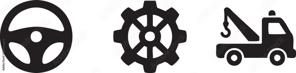 Fototapeta premium Black icons of steering wheel gear and tow truck