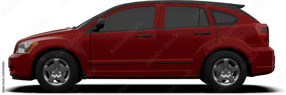 Fototapeta premium Side View of a Red Crimson Compact Hatchback 