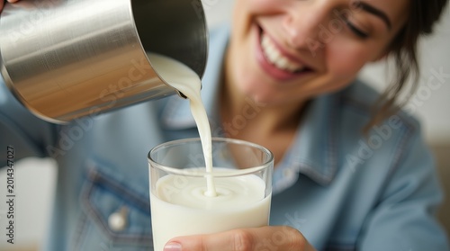 Happy young woman pouring fresh organic milk into a glass.