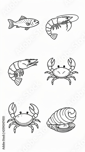 Bild auf Leinwand Seafood crustaceans and fish line drawings.