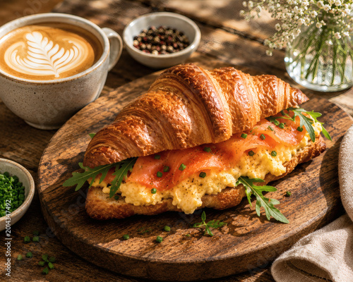 Croissant sandwich with smoked salmon scrambled eggs and coffee