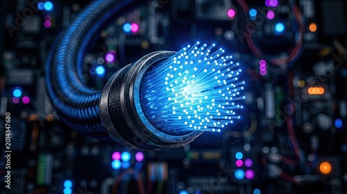 Illuminated blue fiber optic strands emerging from a metallic cable against a blurred high-tech background, high-speed internet and data transfer concept