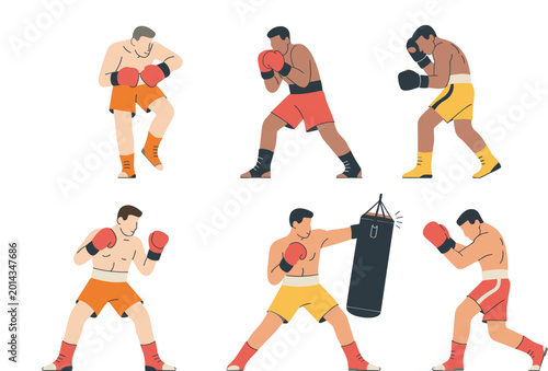 Bild auf Leinwand Collection of professional male boxers training with punching bags and performin