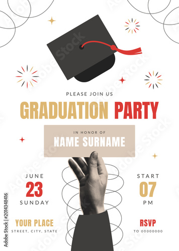 Graduation Party invitation template. Halftone hand and cap in air. Trendy collage Graduate ceremony celebration poster high school.  Paper cutout sticker. Vector illustrationr illustration