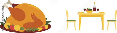 Tableau sur toile Set of traditional roasted Thanksgiving turkey on a platter and festive holiday