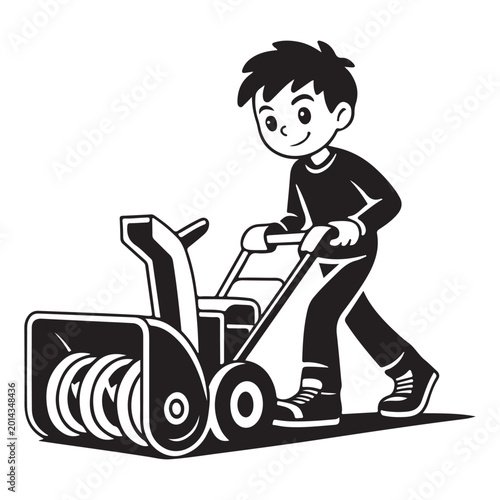 Young Man Using Snow Blower for Winter Yard Maintenance and Path Clearing Vector Illustration