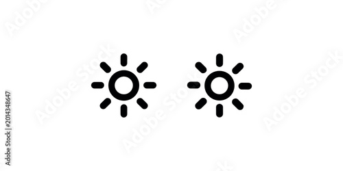 Two sunshine brightness level symbols set featuring minimalistic sun rays sunburst graphic design for web interface screen display backlight control adjustment.