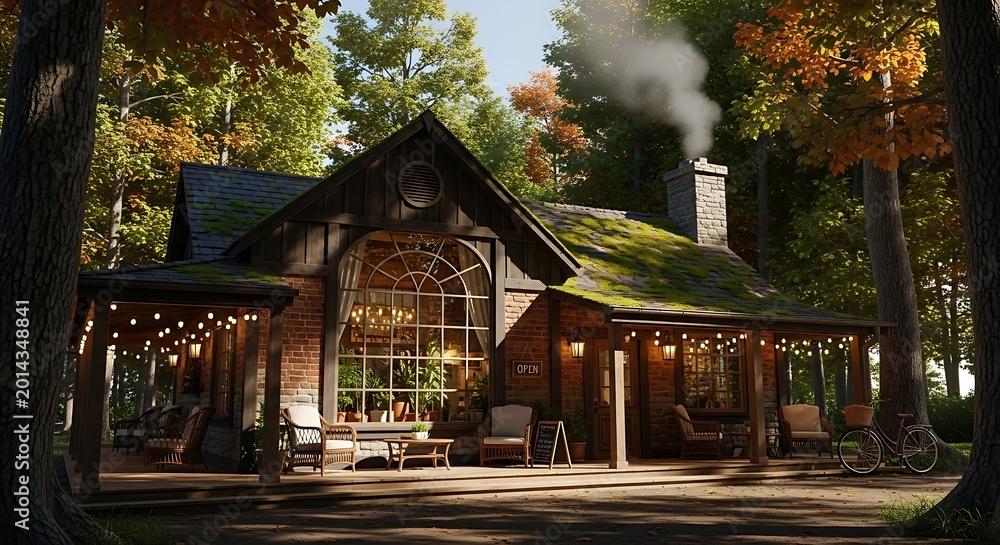 Fototapeta premium Rustic cabin nestled in an autumn forest, illuminated by warm string lights and a smoking chimney, creating a picturesque and inviting evening scene