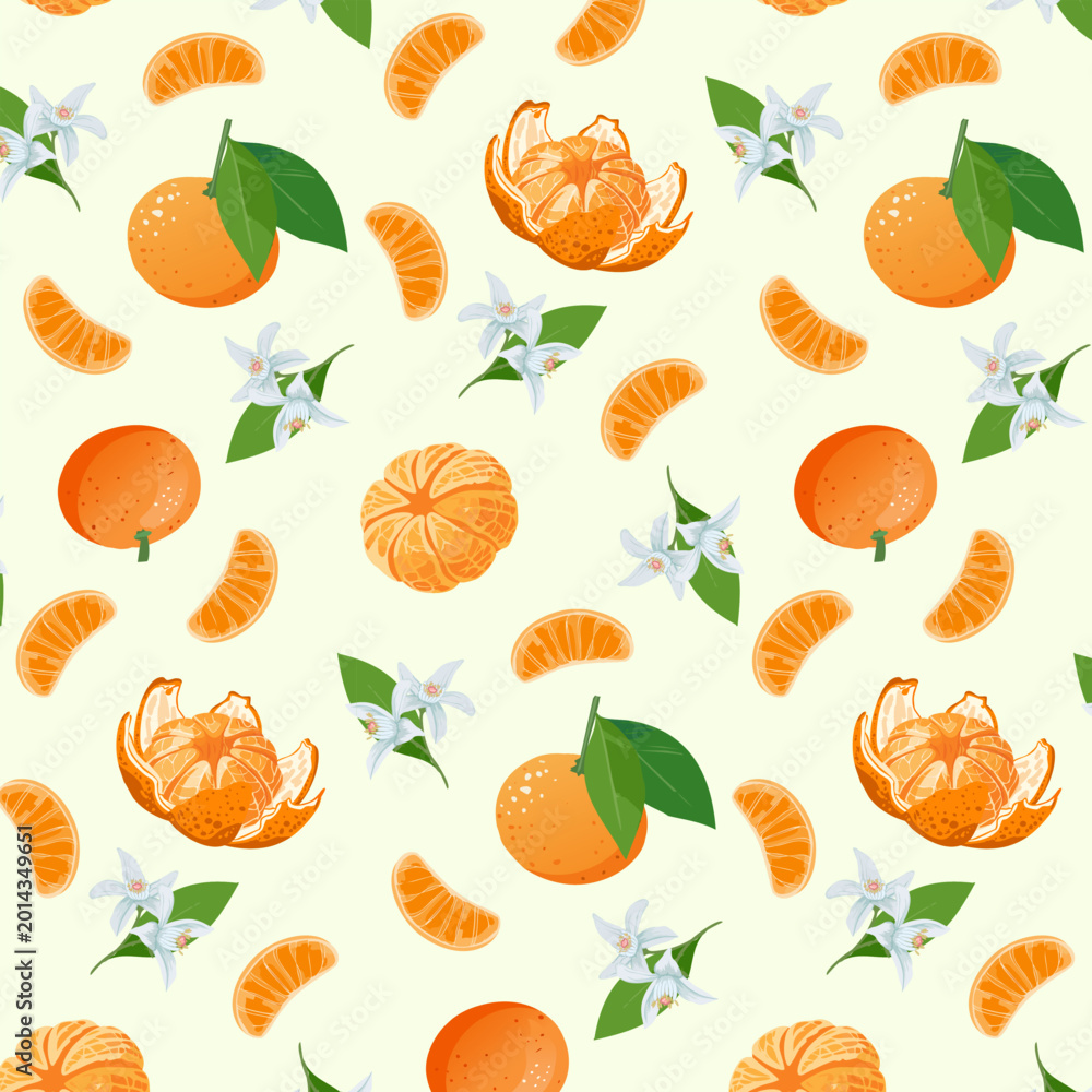 Obraz premium Light background with whole and peeled tangerines.Vector seamless pattern with whole and peeled tangerines on a light background.