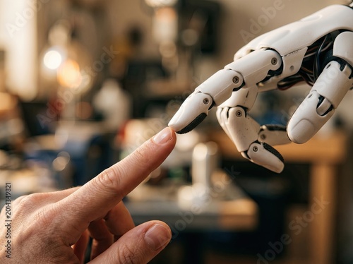 Close up of a human hand and a robotic hand touching fingers in a blurred workshop, human and artificial intelligence collaboration concept