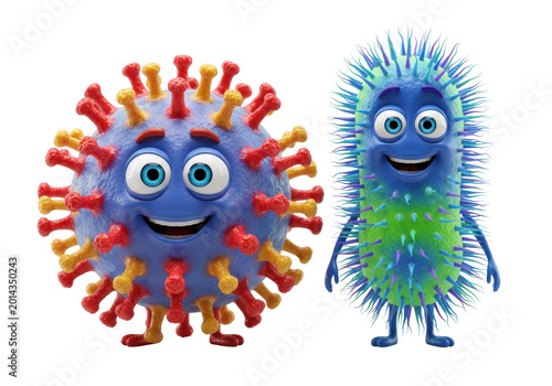 A colorful spherical virus and rod-shaped bacteria with smiling faces and expressive eyes on a white studio background. Playful microbial life atmosphere