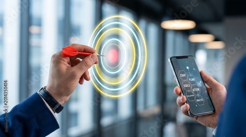 Man throwing a dart at a dartboard target with glowing concentric circles holding smartphone bullseye objective precision accuracy strategy competition