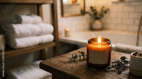 Aromatherapy scented candle burning on a rustic wooden table in a cozy spa bathroom, self-care and wellness concept