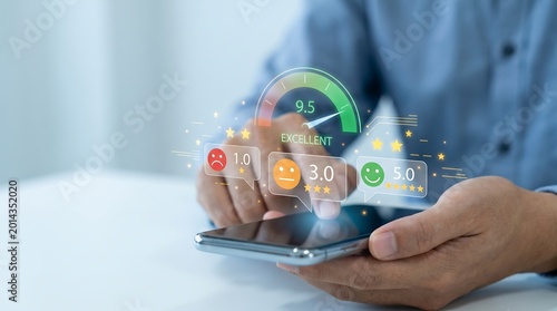 Close-up of hands using a smartphone displaying a digital gauge for rating and feedback with customer satisfaction user experience feedback smartphone interface