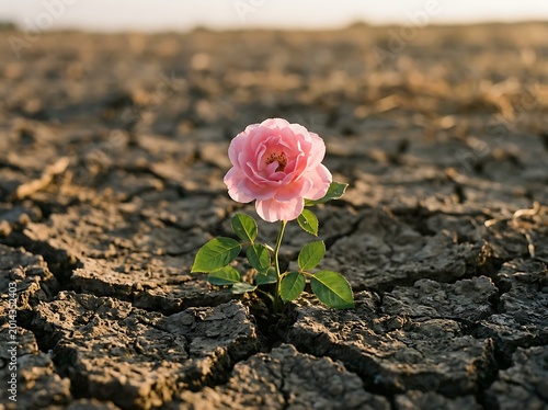 Delicate pink rose blooming bravely from cracked dry earth symbolizing hope and resilience