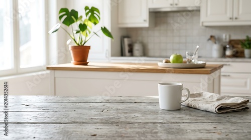 Morning coffee mug on a rustic wooden table in a bright kitchen interior