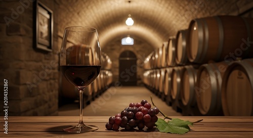 Wine glass with red wine and grapes on table in cellar with barrels