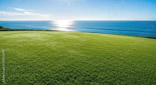 A pristine lush green lawn stretches toward a sparkling deep blue ocean under a clear sunny sky with soft white clouds on the horizon, peaceful, beauty, field