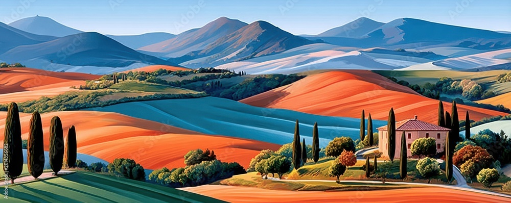 Obraz premium Sunlit rolling hills of Tuscany with cypress trees and a rustic villa in colorful fields