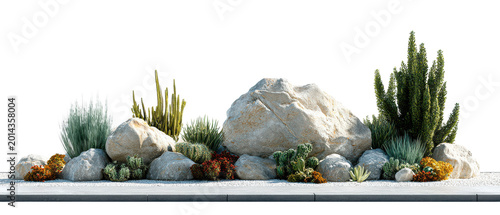 Desert xeriscape garden bed with rocks and cacti