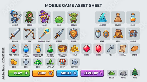 Collection of Digital Game Assets, Featuring Characters, Weapons, and UI Elements for Fantasy Adventures