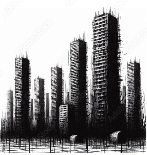 abstract futuristic skyscraper abstract primitive horror line black sketch high-rise building landscape