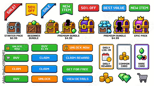 Vibrant pixelated game assets shop bundles, buttons, and rewards for mobile hypercasual app interfaces, offering in-game purchases and UI elements