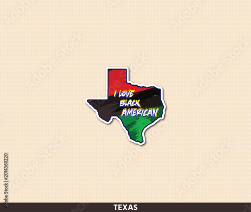 Bold Texas state shaped sticker featuring Pan-African colors — red, black and green — with rough brush texture and 