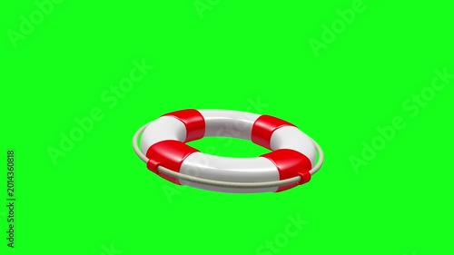 The blue life preserver changes to red and spins against a bright green chroma key background in 3D animation.