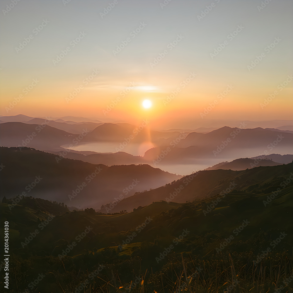 Obraz premium Breathtaking Sunrise Over Misty Mountains with Golden Hour Lighting