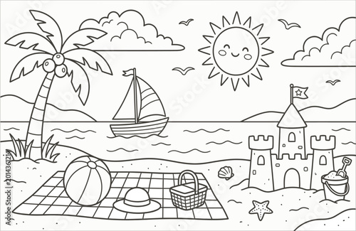 Fotografia Beach scene with sailboat and sandcastle line art