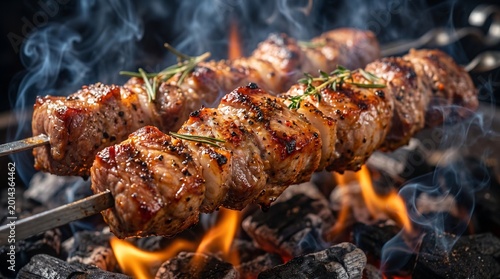 Delicious BBQ beef skewers with herbs cooking on outdoor charcoal grill