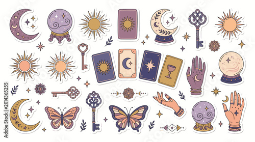 Schilderij op canvas Mystical celestial sticker set with tarot cards and crystal balls, bohemian occu